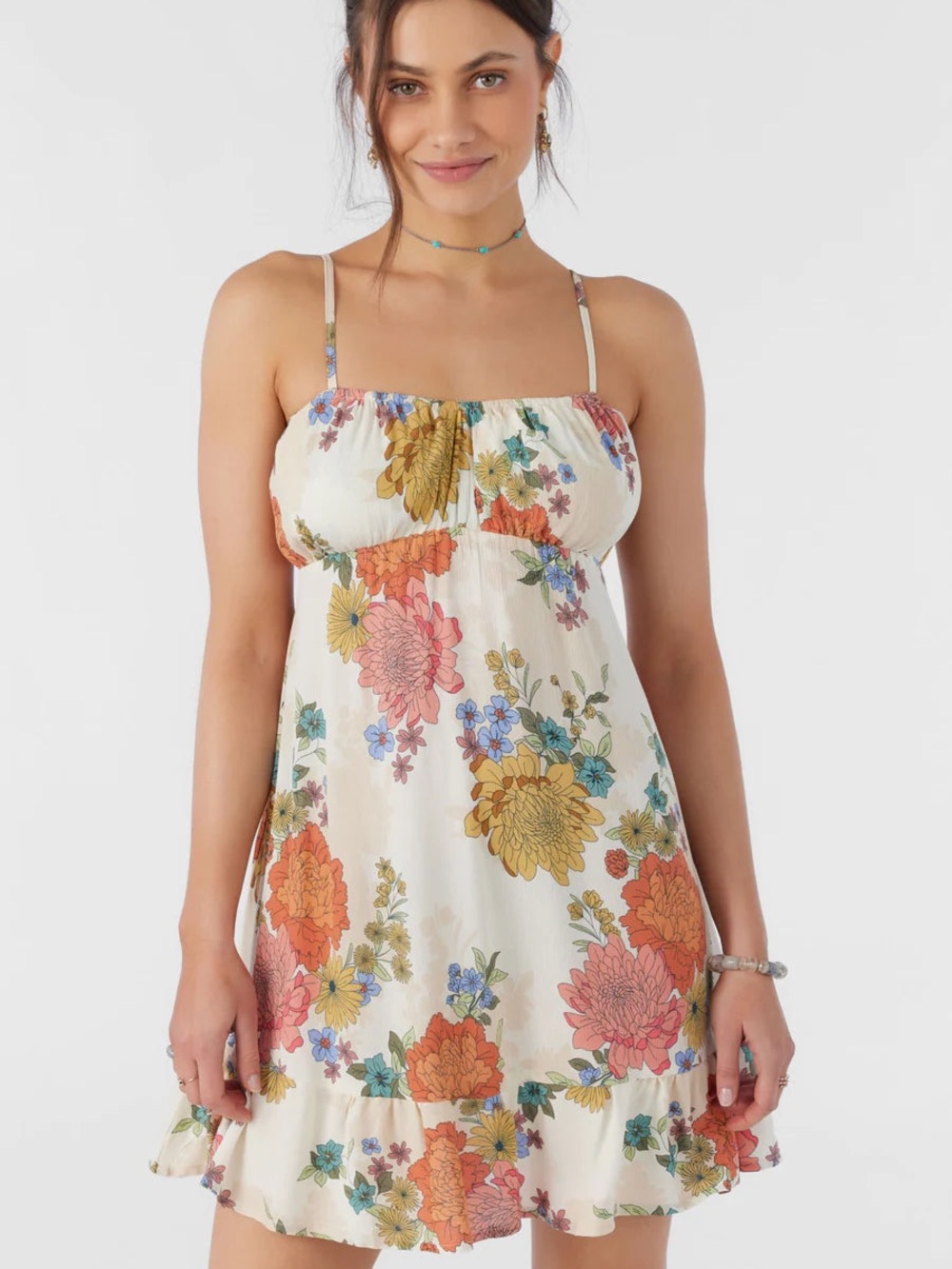 O’Neill Cream Multicolor Floral Smocked Ruffle Mini Dress Large